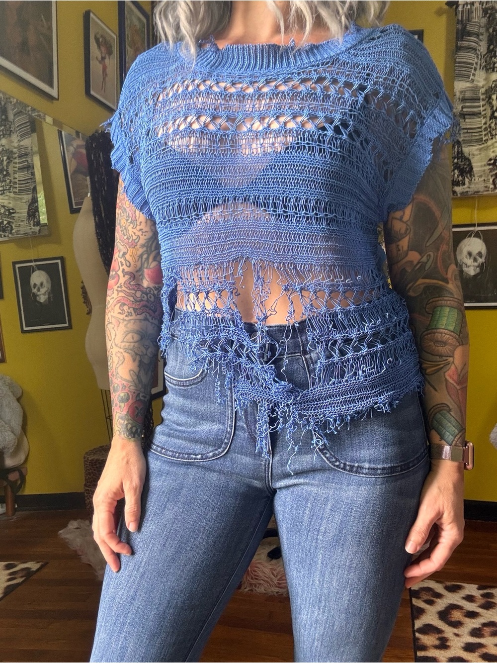 Ann Klein Deconstructed Blue Mesh Crop Top